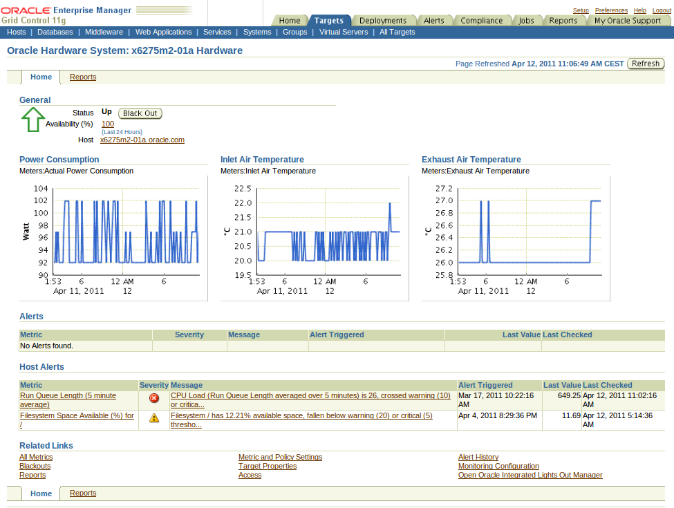 Example of the Oracle Hardware System target home page, showing the three charts and alerts related to this Oracle Hardware System.
